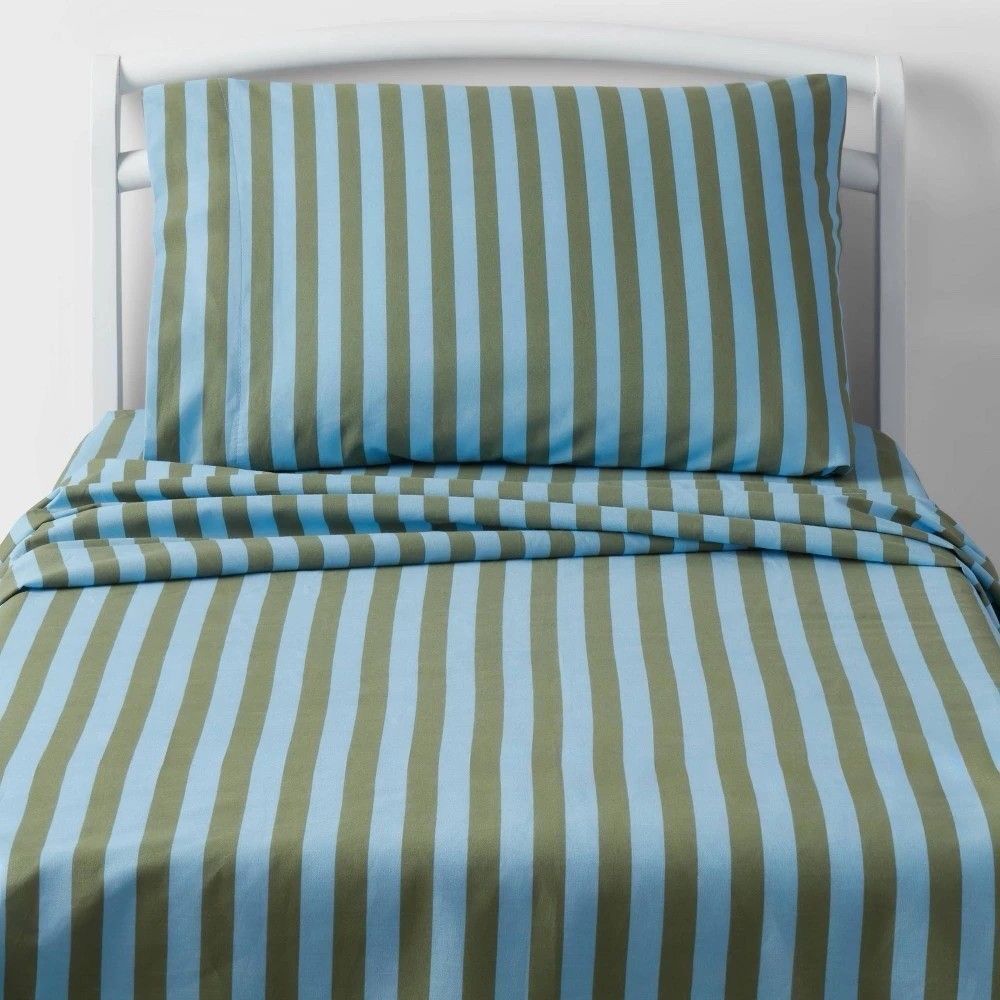 Pillowfort Full Kids Cotton Sheet Set Blue Green Striped New No Label
